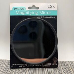 Swissco 12x Magnifying Mirror Black Round Suction Cup Makeup Tweezing Art 8112‎